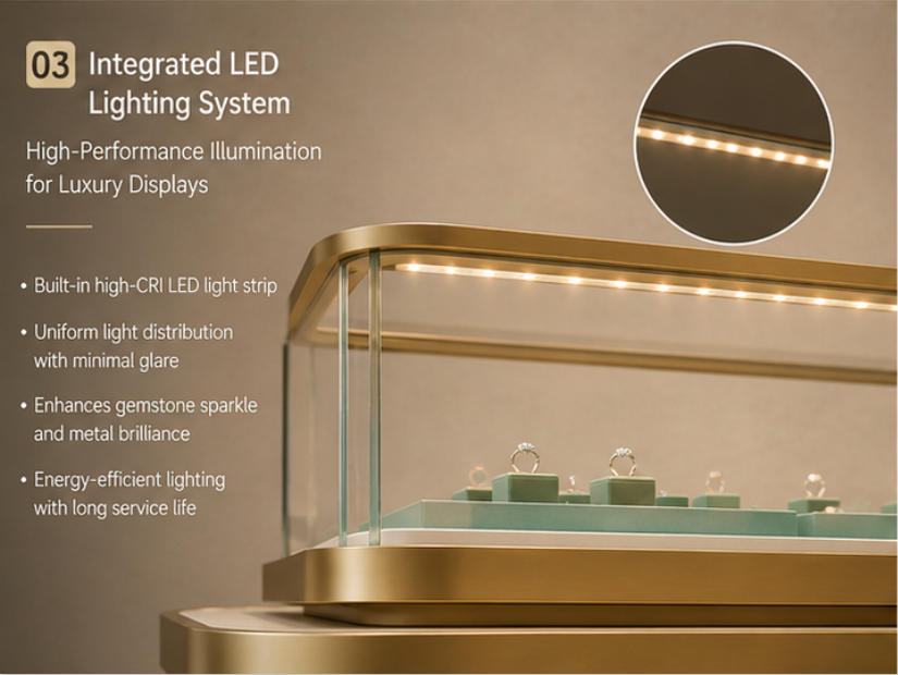 Gold Retail Jewelry Display Counter | Multi-Unit Showcase 9 LED lighting effect of multi-unit jewelry showcase